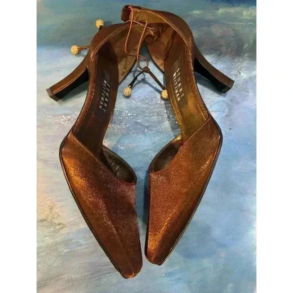 VINTAGE Stuart Weitzman Jezebella Swarovski Crystal Bronze Satin Pumps Size 8 - Picture 5 of 7